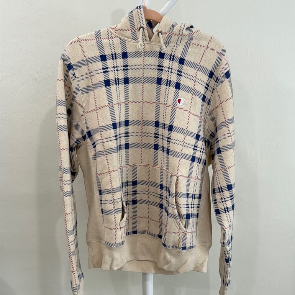 Champion Plaid Hoodie with Blue and Cream Pattern